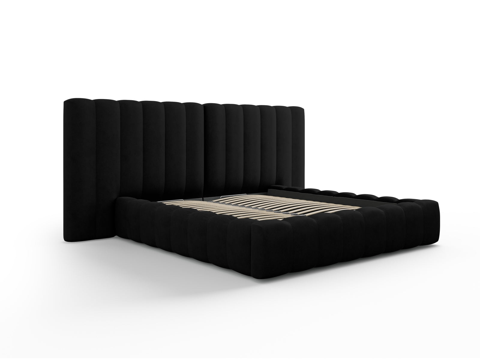 Erleben Sie das Kelp Bett von Micadoni: modernes Design, cleverer Stauraum und ein luxuriöses doppeltes Headboard für höchsten Schlafkomfort.