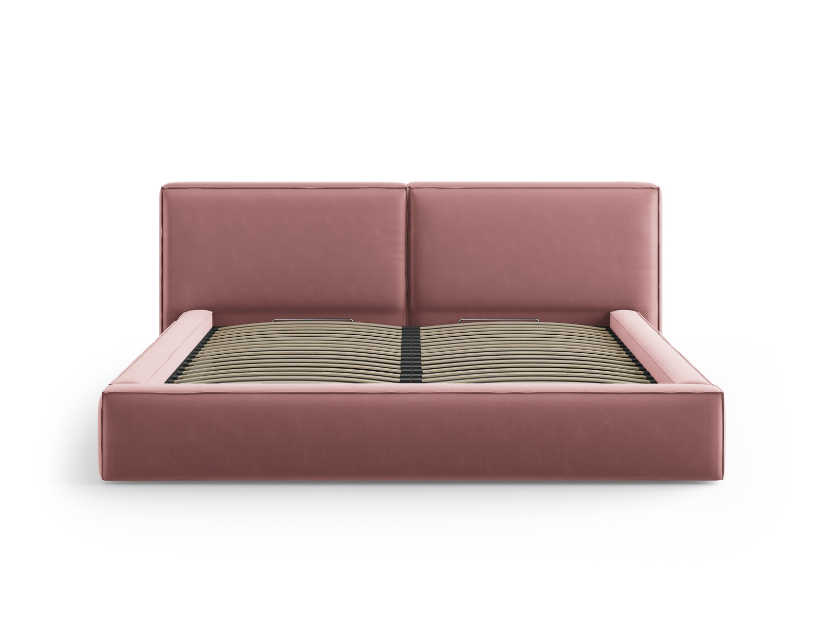 Elegantes Jodie Velour Bett in zarten Farben, bietet großzügigen Stauraum und ein komfortables doppeltes Kopfteil für stilvolles Wohnen.