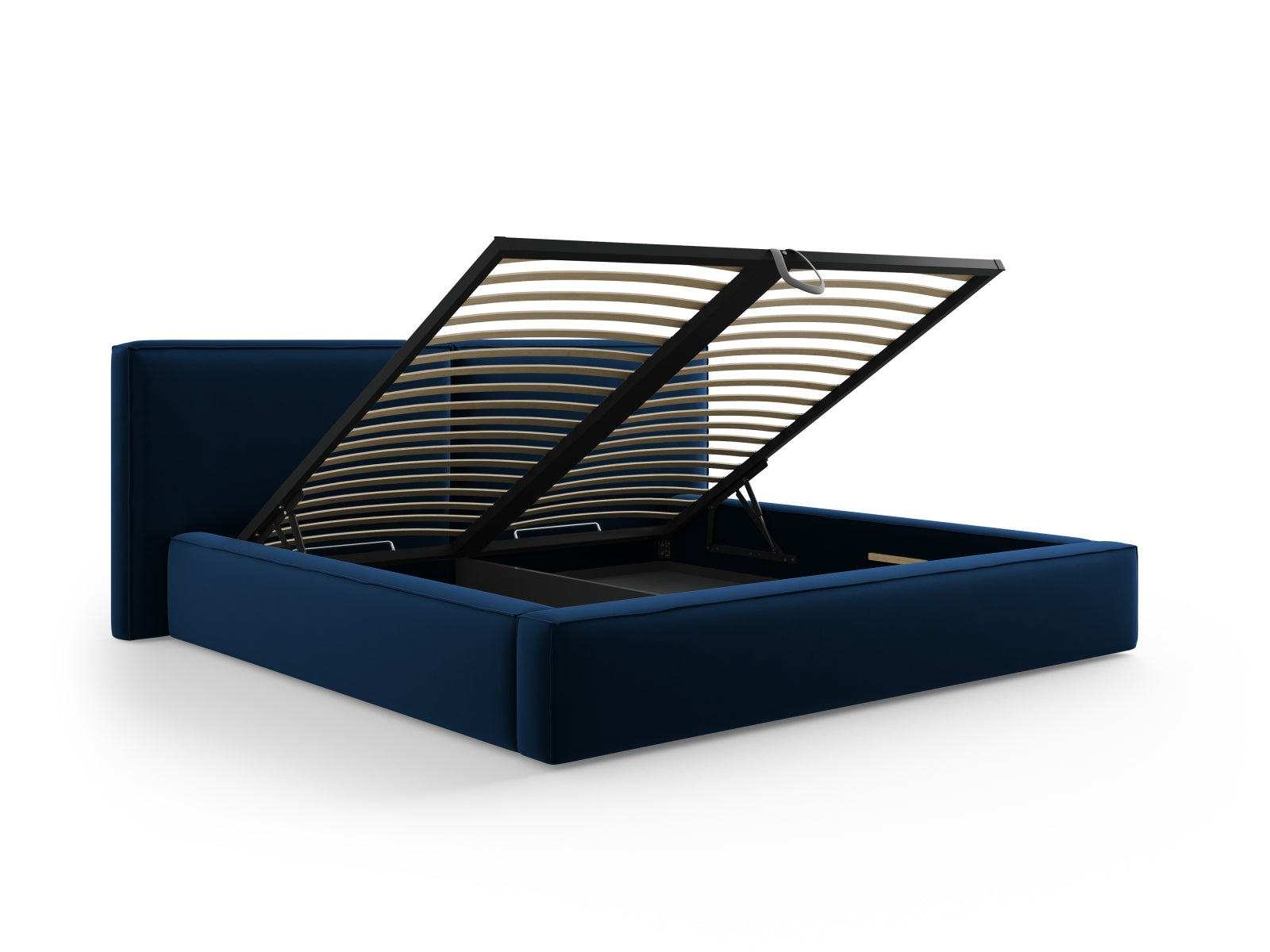 Luxuriöses Jodie Velour Bett in Royal Blue, ausgestattet mit Stauraum und einem doppelten Kopfteil für zusätzlichen Komfort und Stil.