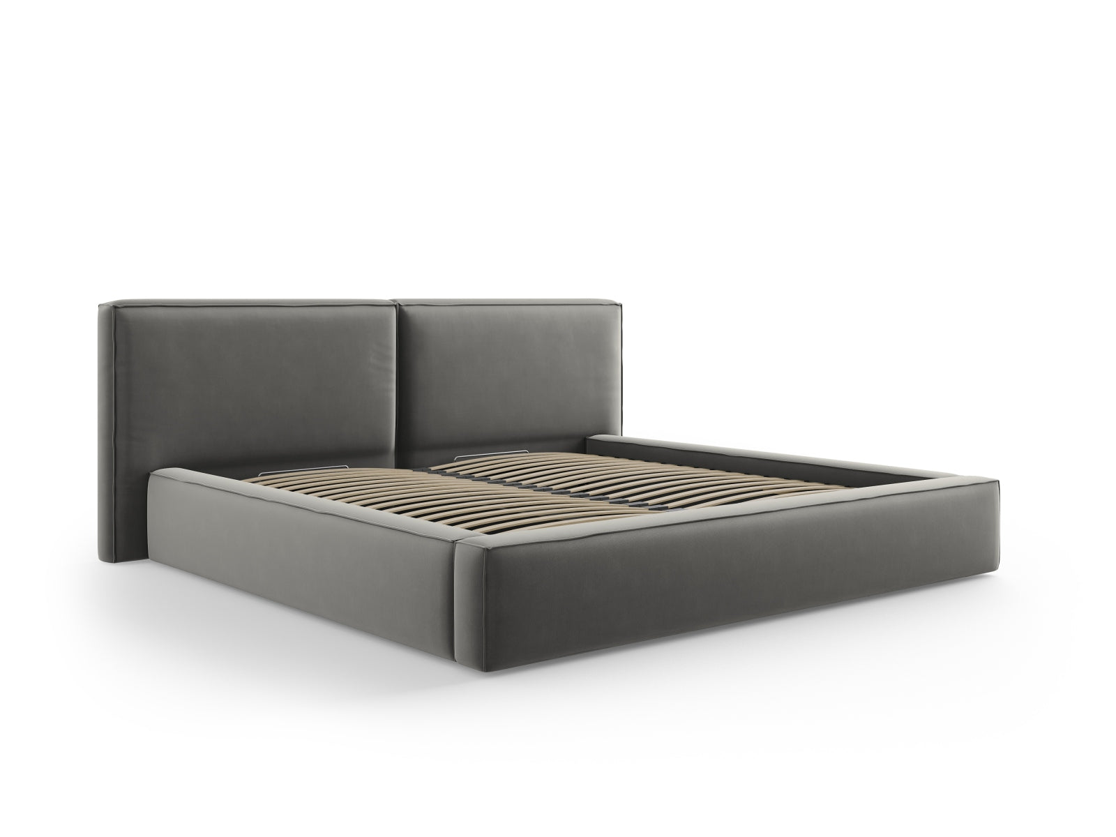 Stilvolles Jodie Velour Bett in sanftem Grau mit doppeltem Kopfteil und cleverem Stauraum, perfekt für moderne Schlafzimmer.