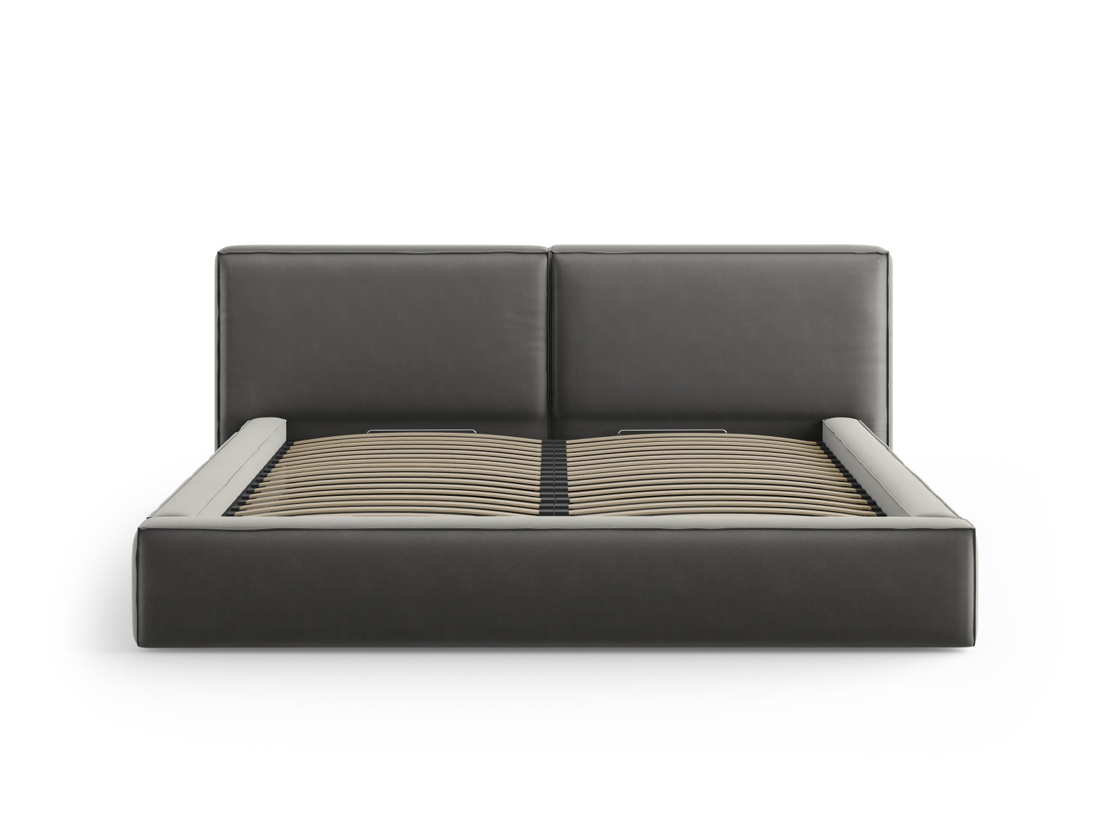 Elegantes Jodie Velour Bett in dezentem Grau, ausgestattet mit praktischem Stauraum und einem doppelten Kopfteil für zusätzlichen Komfort.