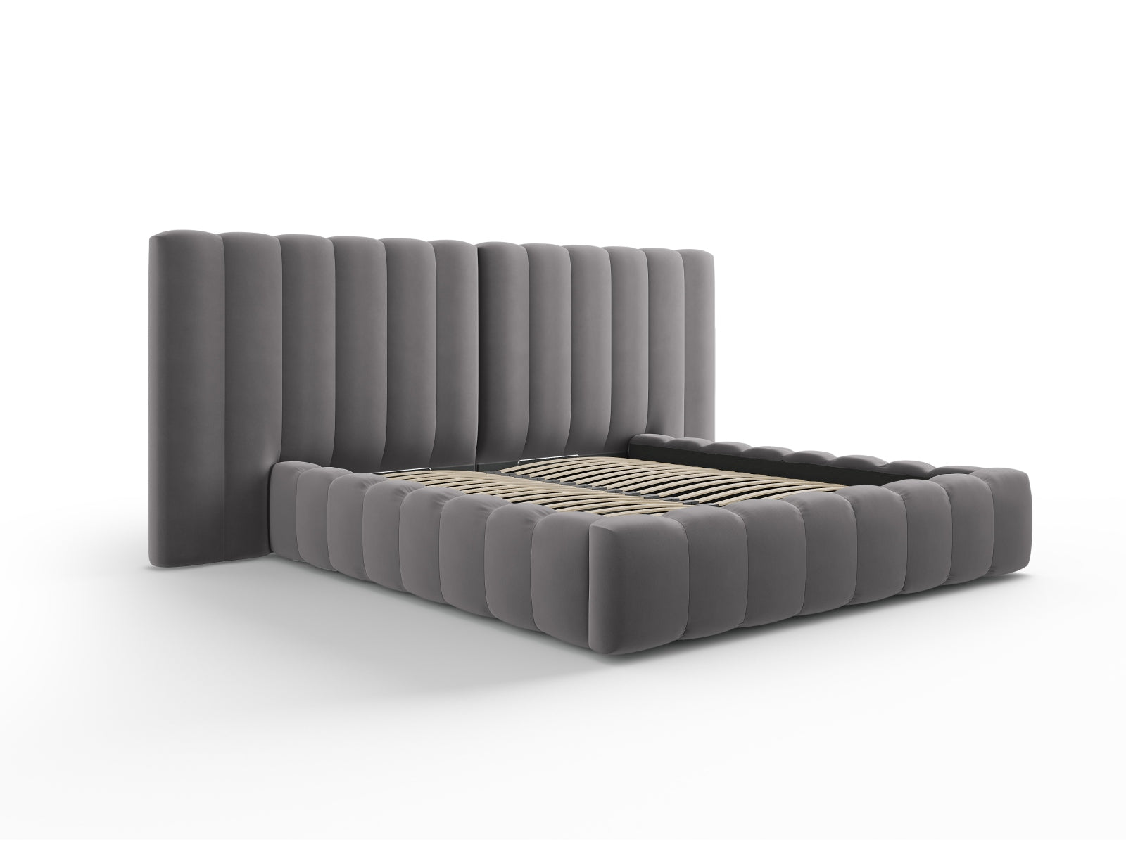 Erleben Sie das elegante Kelp Velour Bett von Micadoni – ausgestattet mit praktischem Stauraum und einem komfortablen Doppelkopfteil für besten Schlaf.