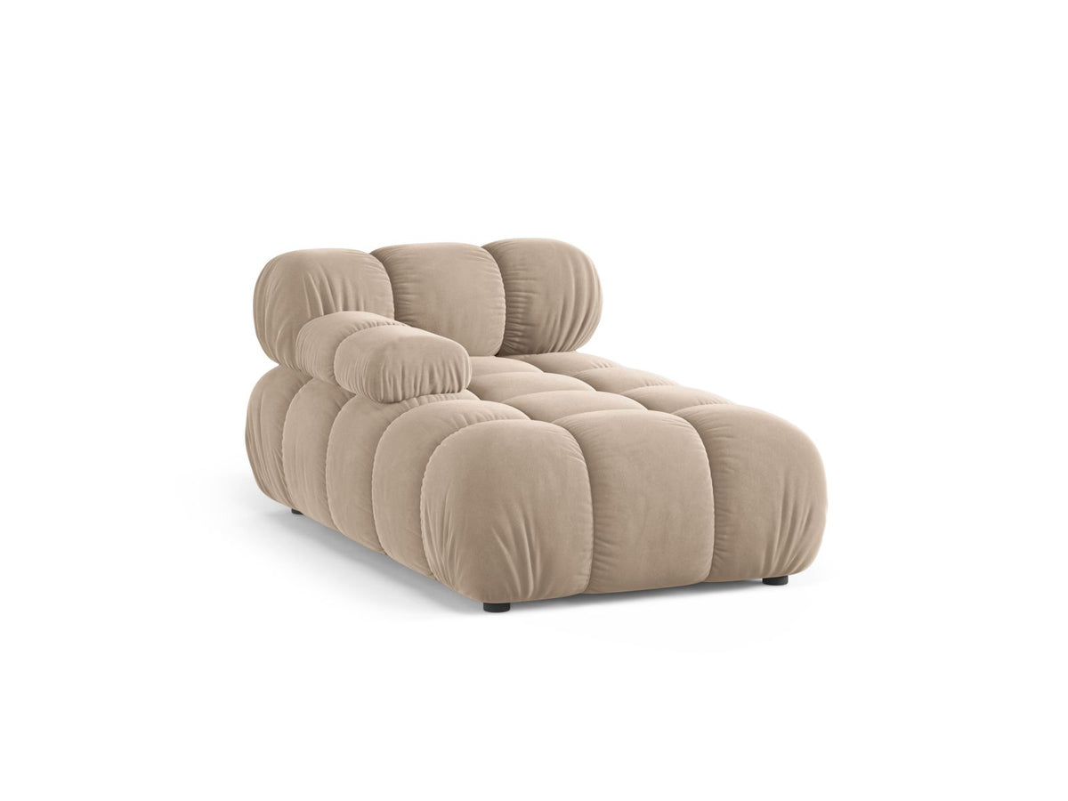 Bellis Sofamodul Chaiselongue links von Micadoni: Cappuccino-Liberty Stoffbezug, Massivholzrahmen, schwarze Kunststoffbeine, modulare Sitzform.