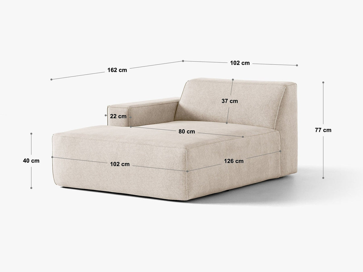 Jodie Chaiselongue von Micadoni in leichtem Beige, Venus-Samtstoff-Bezug, schwarze Kunststoffbeine, modulares Sofa-Element mit linker Ausrichtung.
