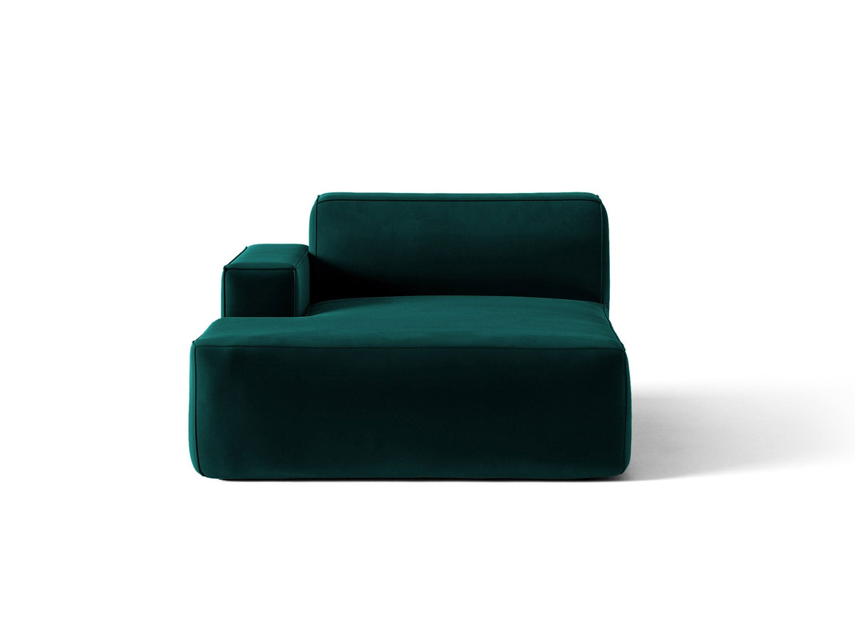Jodie Chaiselongue von Micadoni in leichtem Beige, Venus-Samtstoff-Bezug, schwarze Kunststoffbeine, modulares Sofa-Element mit linker Ausrichtung.