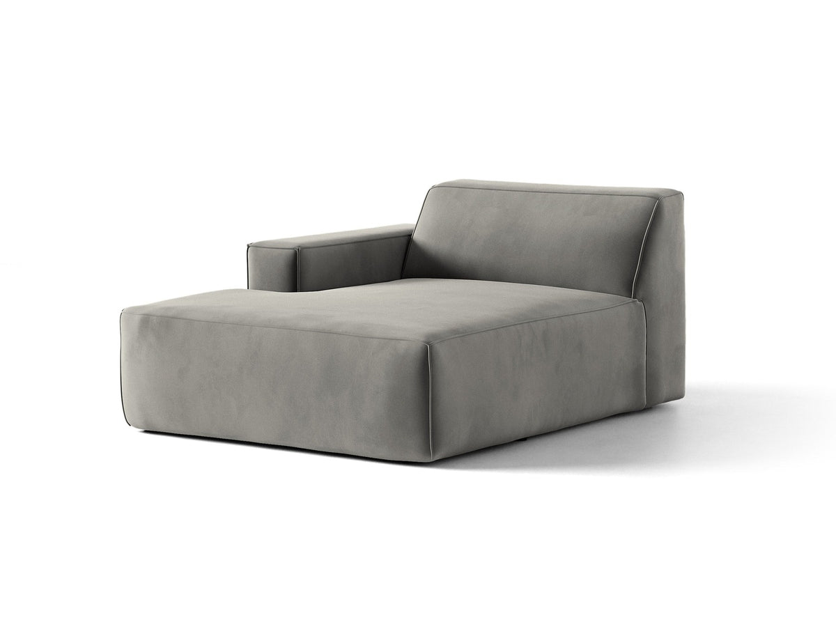 Jodie Chaiselongue von Micadoni in leichtem Beige, Venus-Samtstoff-Bezug, schwarze Kunststoffbeine, modulares Sofa-Element mit linker Ausrichtung.