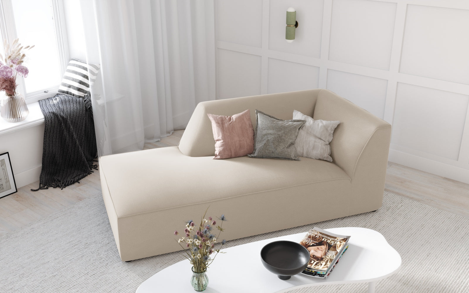 Ruby Velour Sofa Chaise Lounge links 1 Sitz in Beige präsentiert im Onlineshop von KAQTU Design AG. L-Sofa links ist von Micadoni