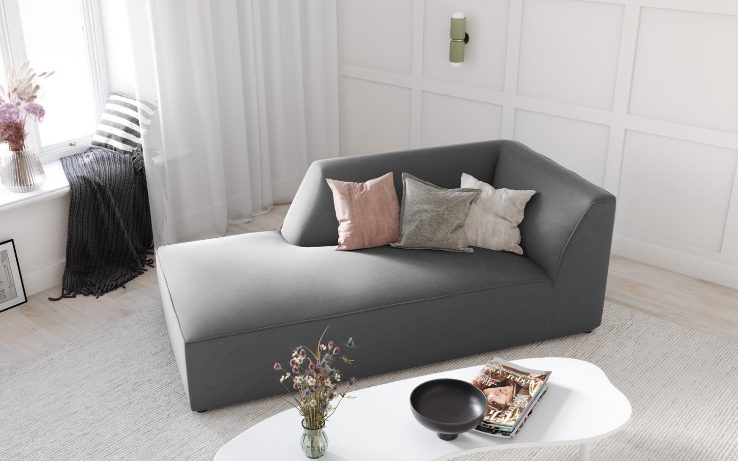 Ruby Velour Sofa Chaise Lounge links 1 Sitz in Grey präsentiert im Onlineshop von KAQTU Design AG. L-Sofa links ist von Micadoni