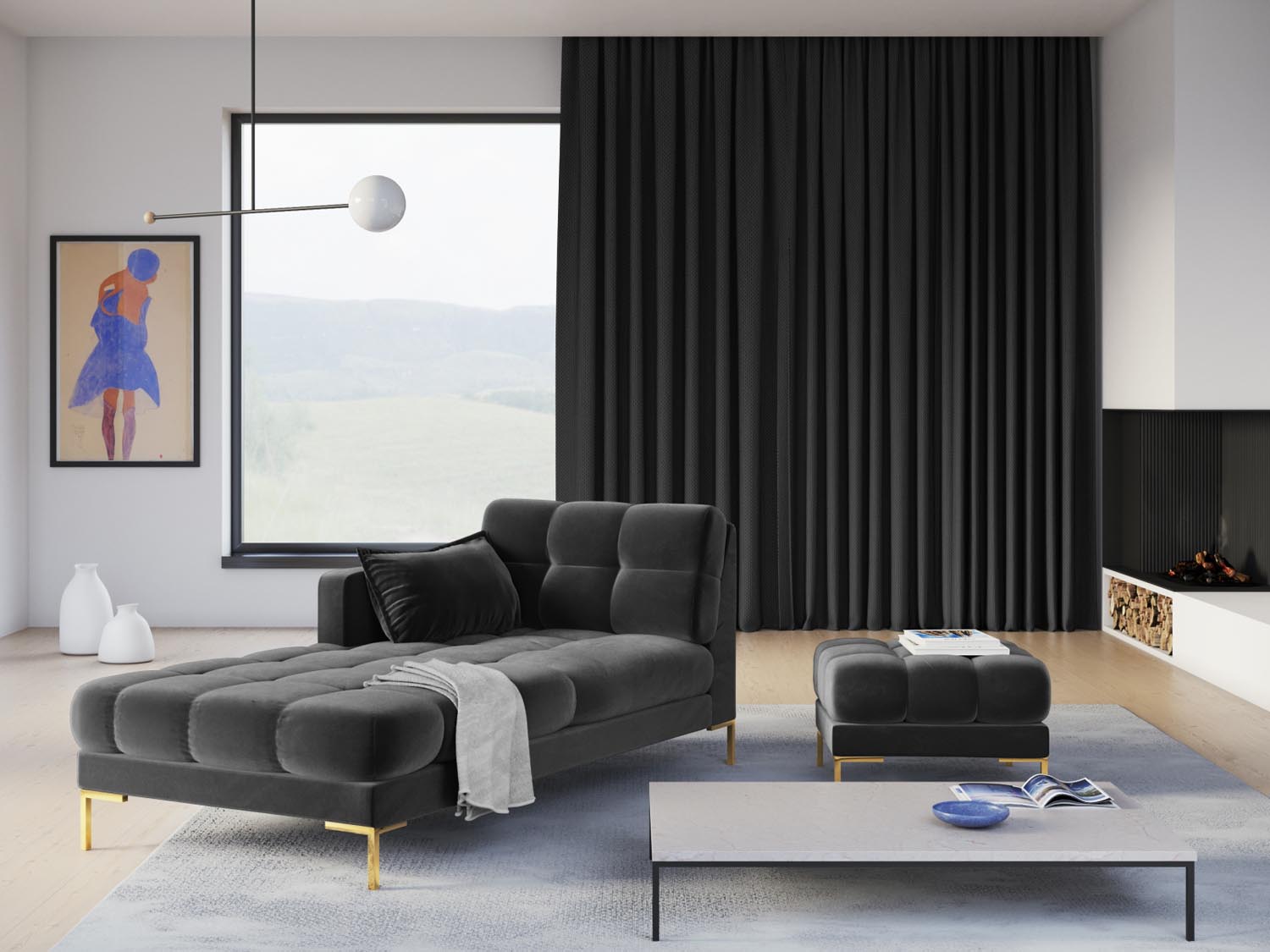 Mamaia Velour Sofa Chaise Lounge links 1 Sitz in Dark Grey/Gold präsentiert im Onlineshop von KAQTU Design AG. L-Sofa links ist von Micadoni