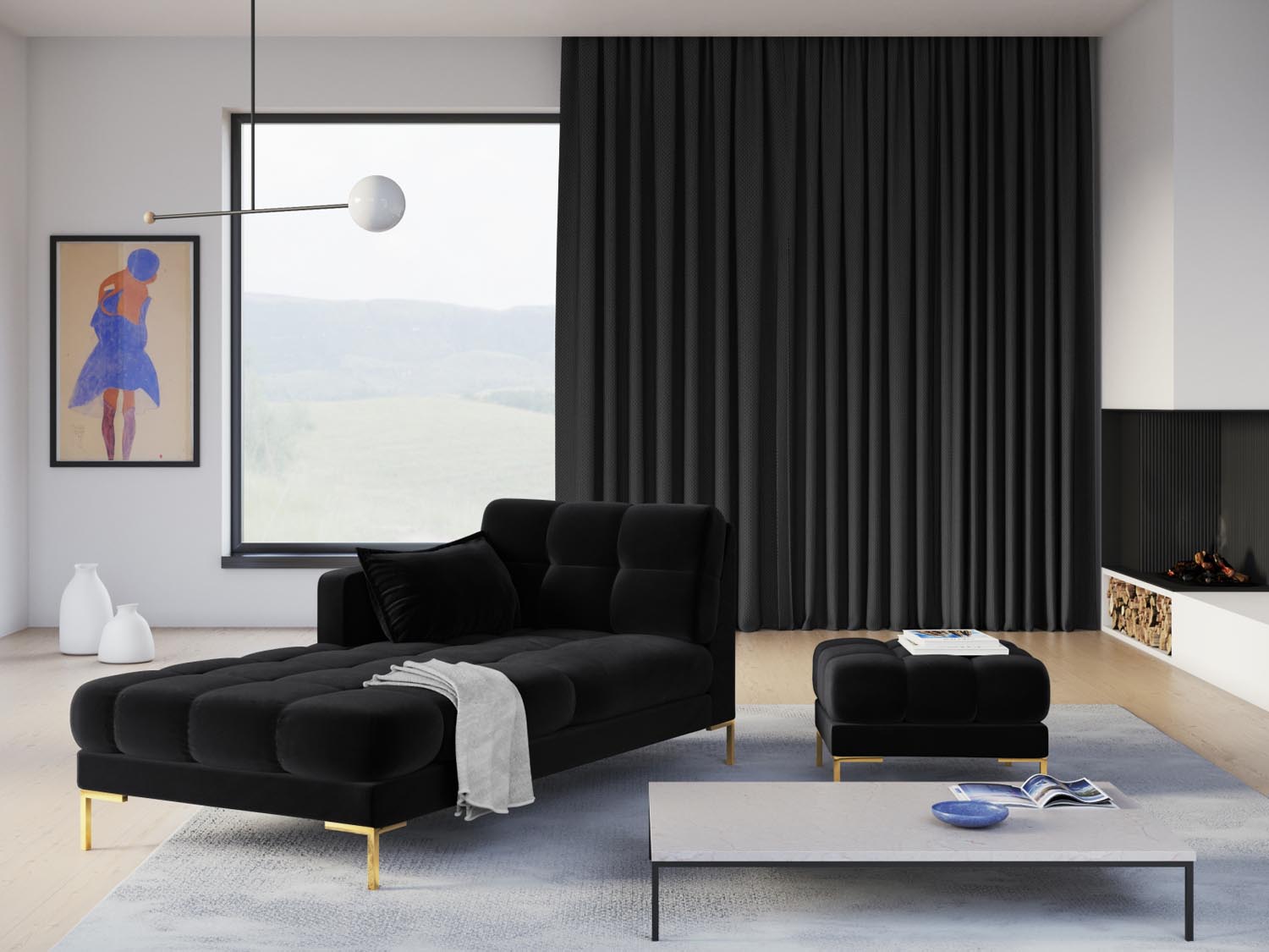 Mamaia Velour Sofa Chaise Lounge links 1 Sitz in Black/Gold präsentiert im Onlineshop von KAQTU Design AG. L-Sofa links ist von Micadoni