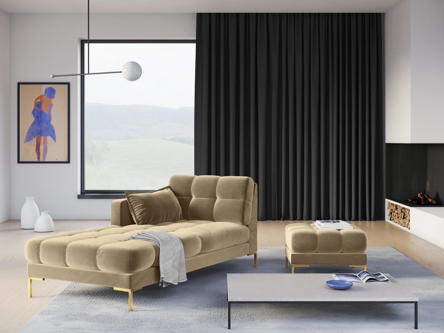 Mamaia Velour Sofa Chaise Lounge links 1 Sitz in Beige/Gold präsentiert im Onlineshop von KAQTU Design AG. L-Sofa links ist von Micadoni
