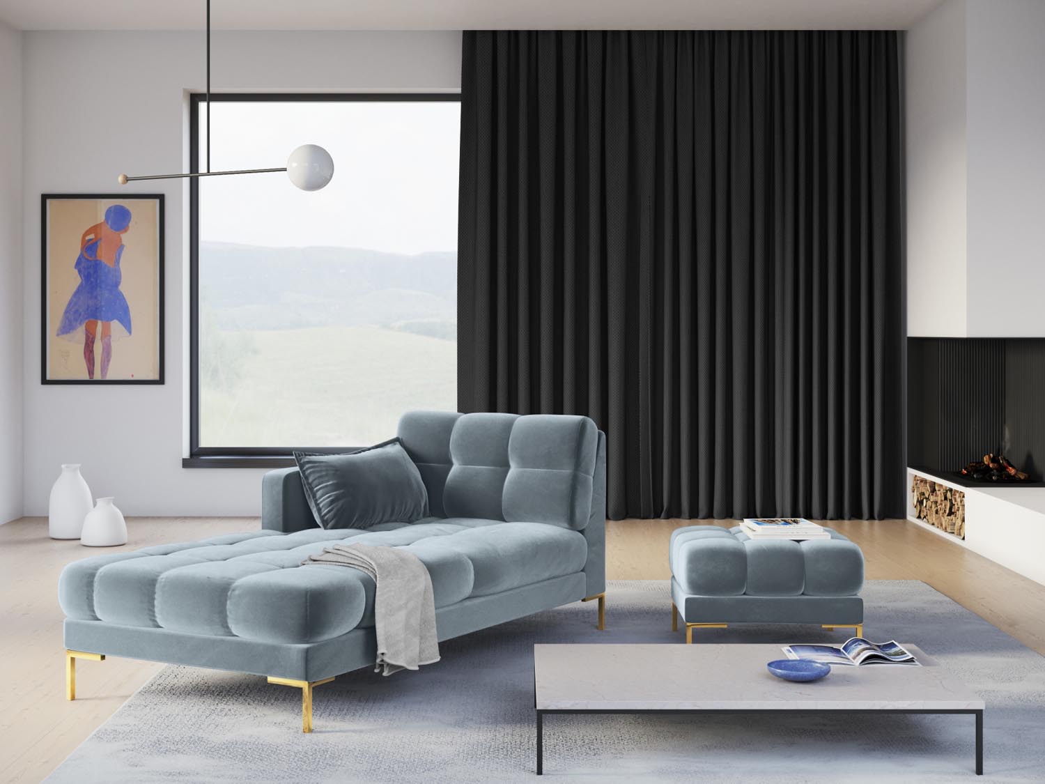 Mamaia Velour Sofa Chaise Lounge links 1 Sitz in Light Blue/Gold präsentiert im Onlineshop von KAQTU Design AG. L-Sofa links ist von Micadoni