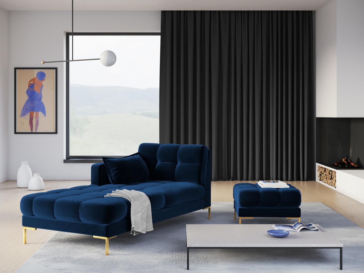 Mamaia Velour Sofa Chaise Lounge links 1 Sitz in Royal Blue/Gold präsentiert im Onlineshop von KAQTU Design AG. L-Sofa links ist von Micadoni