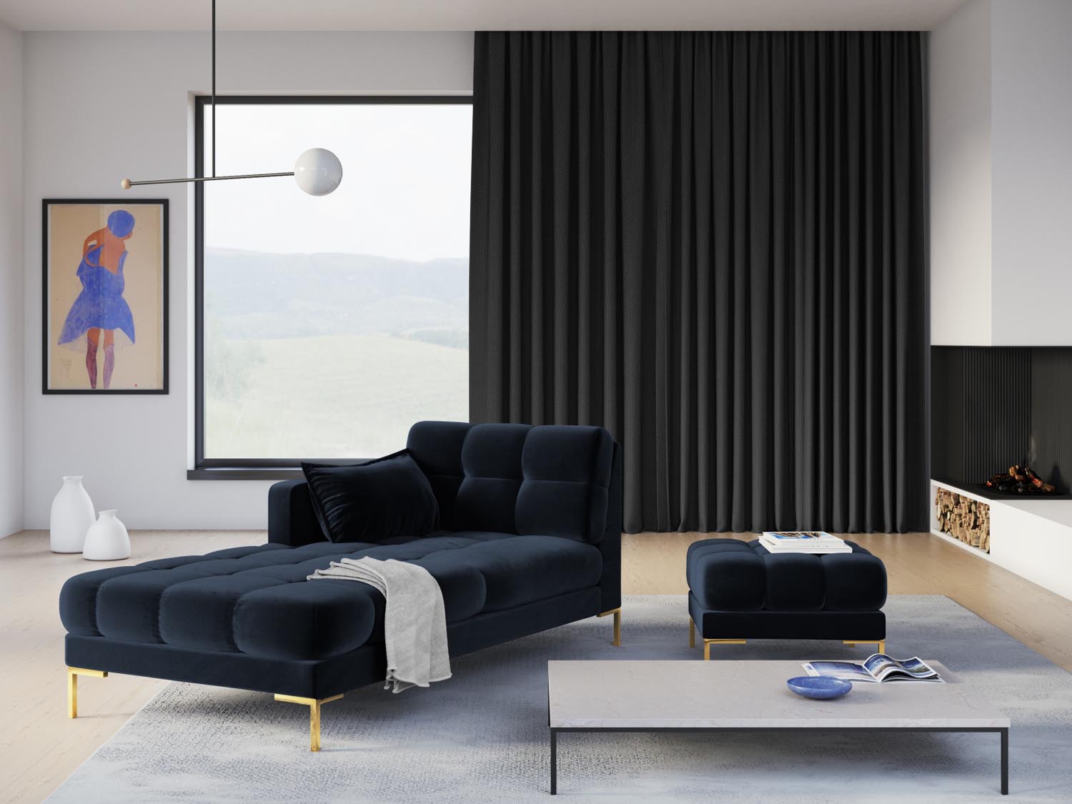 Mamaia Velour Sofa Chaise Lounge links 1 Sitz in Dark Blue/Gold präsentiert im Onlineshop von KAQTU Design AG. L-Sofa links ist von Micadoni