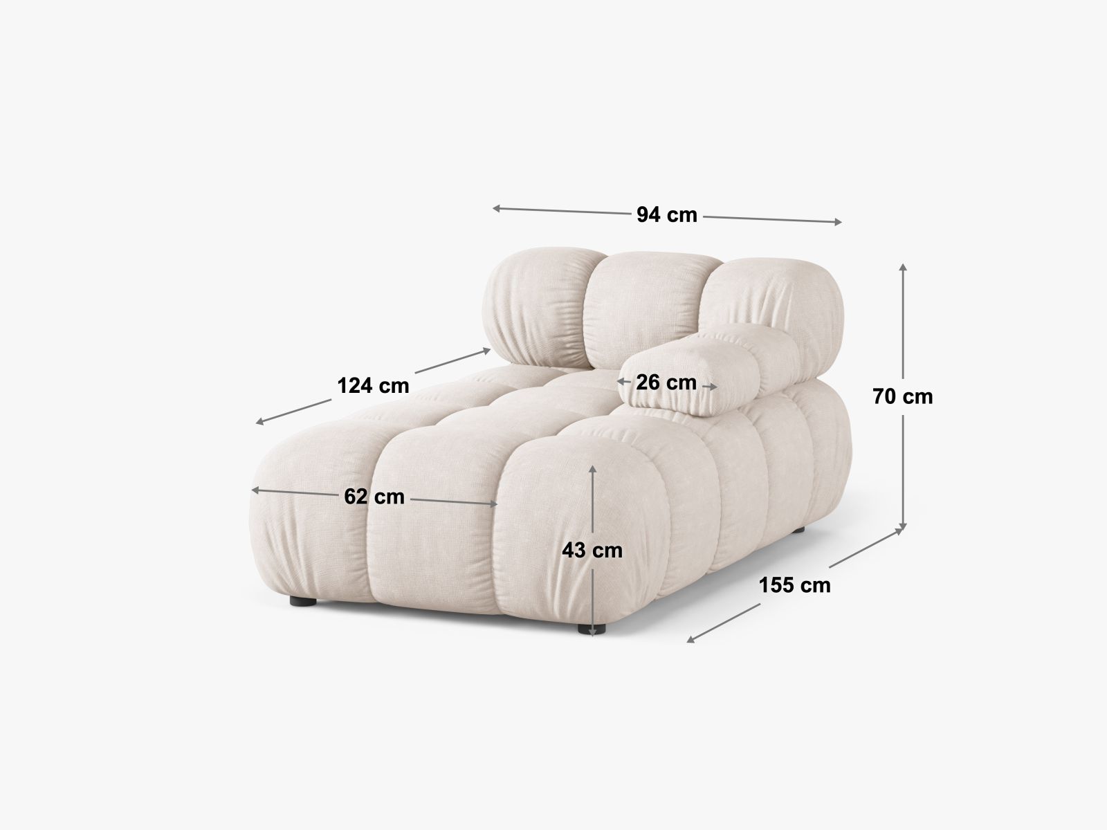 Stilvolles Bellis Velour Sofa Chaise Lounge links mit 1 Sitz, 94 cm breit, in einem modernen Grau-Blau, perfekt für gemütliche Wohnbereiche.