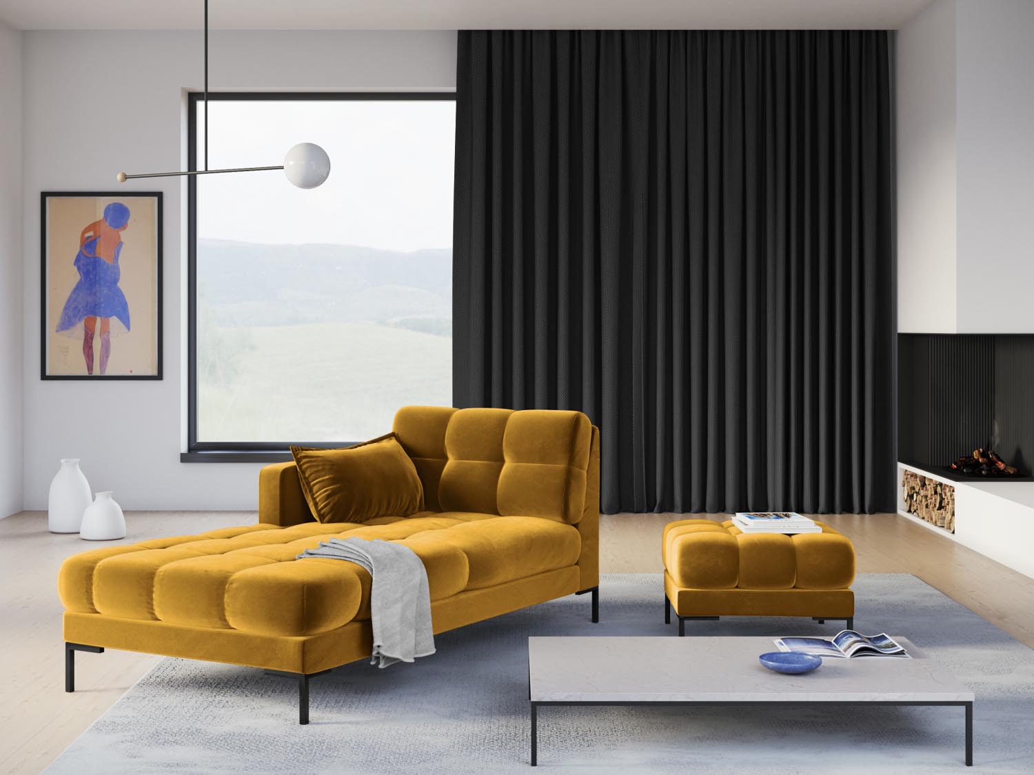 Mamaia Velour Sofa Chaise Lounge links 1 Sitz in Yellow/Schwarz präsentiert im Onlineshop von KAQTU Design AG. L-Sofa links ist von Micadoni