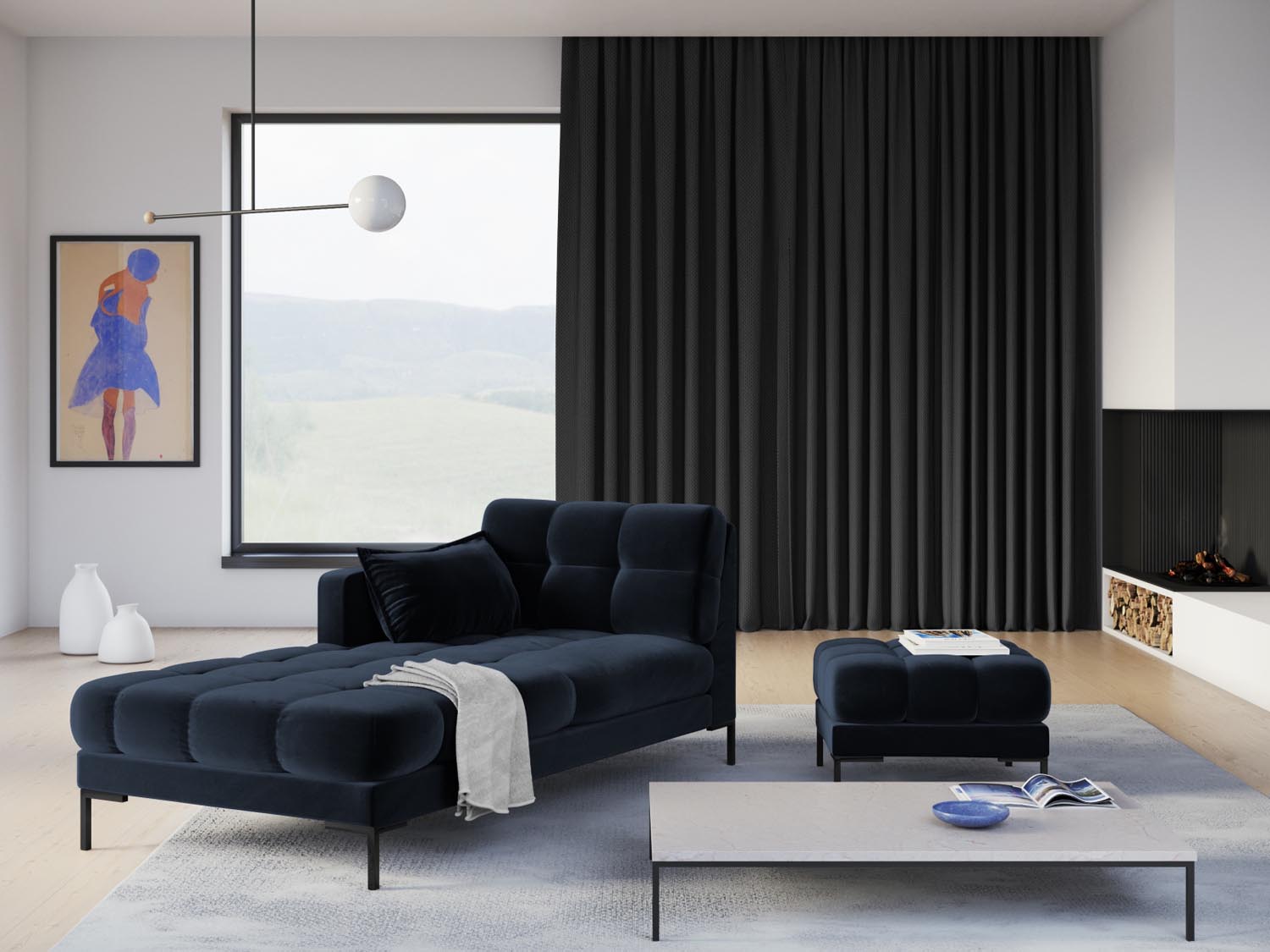 Mamaia Velour Sofa Chaise Lounge links 1 Sitz in Dark Blue/Schwarz präsentiert im Onlineshop von KAQTU Design AG. L-Sofa links ist von Micadoni