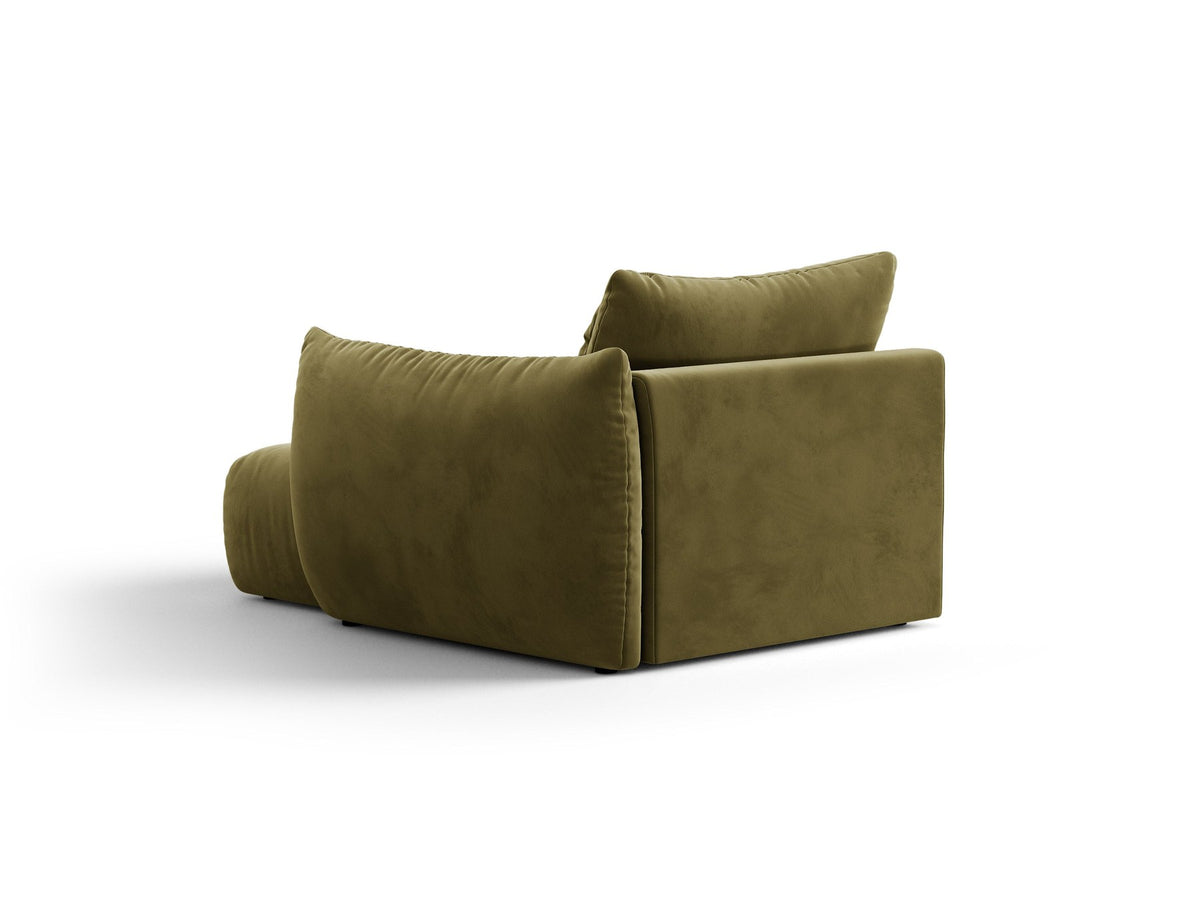 Modulares Sofa Bloom Chaiselongue von Micadoni in leichtem Beige mit Casino-Velours-Bezug, schwarzen Kunststoffbeinen und rechter Ausrichtung.