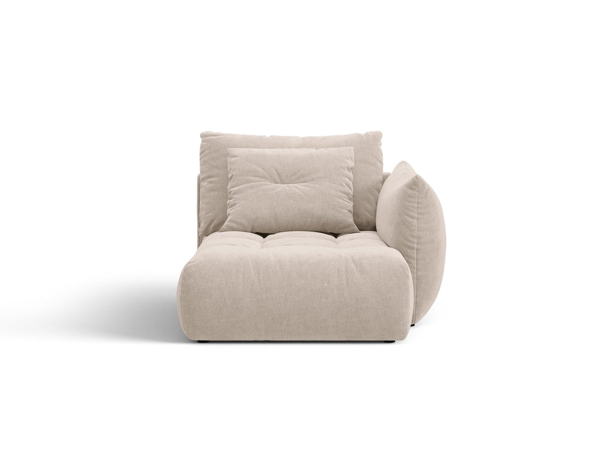 Modulares Sofa Bloom Chaiselongue von Micadoni in leichtem Beige mit Casino-Velours-Bezug, schwarzen Kunststoffbeinen und rechter Ausrichtung.
