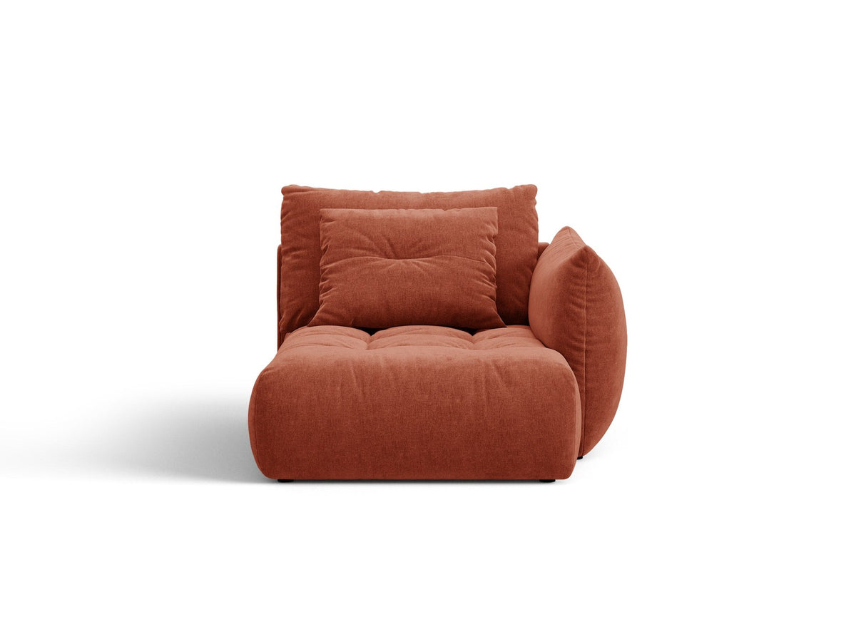 Modulares Sofa Bloom Chaiselongue von Micadoni in leichtem Beige mit Casino-Velours-Bezug, schwarzen Kunststoffbeinen und rechter Ausrichtung.