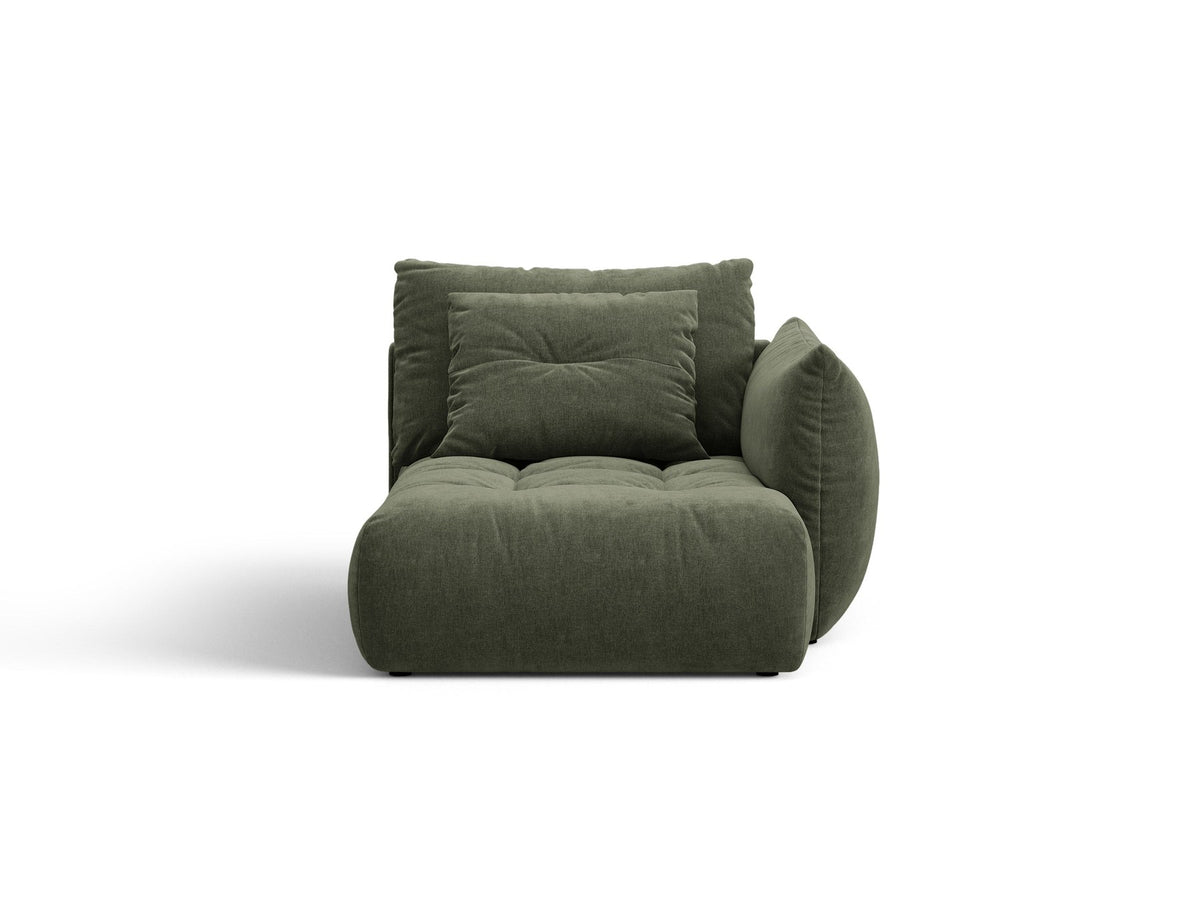 Modulares Sofa Bloom Chaiselongue von Micadoni in leichtem Beige mit Casino-Velours-Bezug, schwarzen Kunststoffbeinen und rechter Ausrichtung.