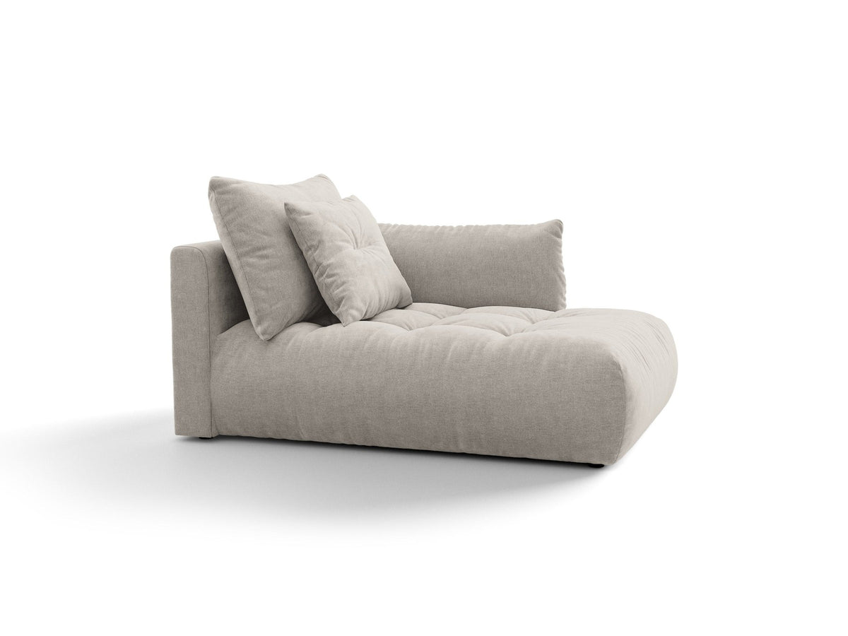 Modulares Sofa Bloom Chaiselongue von Micadoni in leichtem Beige mit Casino-Velours-Bezug, schwarzen Kunststoffbeinen und rechter Ausrichtung.