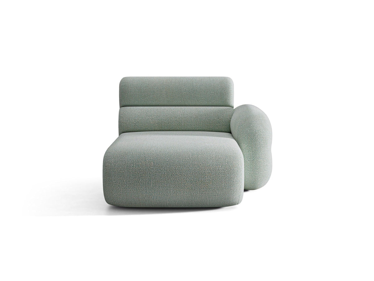 Modulares Sofa Neo Chaiselongue von Micadoni in dunklem Olivgrün mit strukturiertem Stoff und schwarzen Kunststoffbeinen, rechts ausgerichtet.
