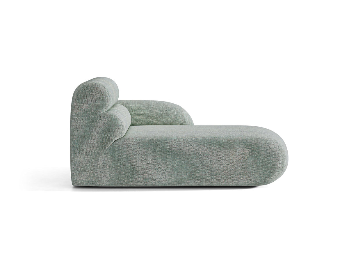 Modulares Sofa Neo Chaiselongue von Micadoni in dunklem Olivgrün mit strukturiertem Stoff und schwarzen Kunststoffbeinen, rechts ausgerichtet.