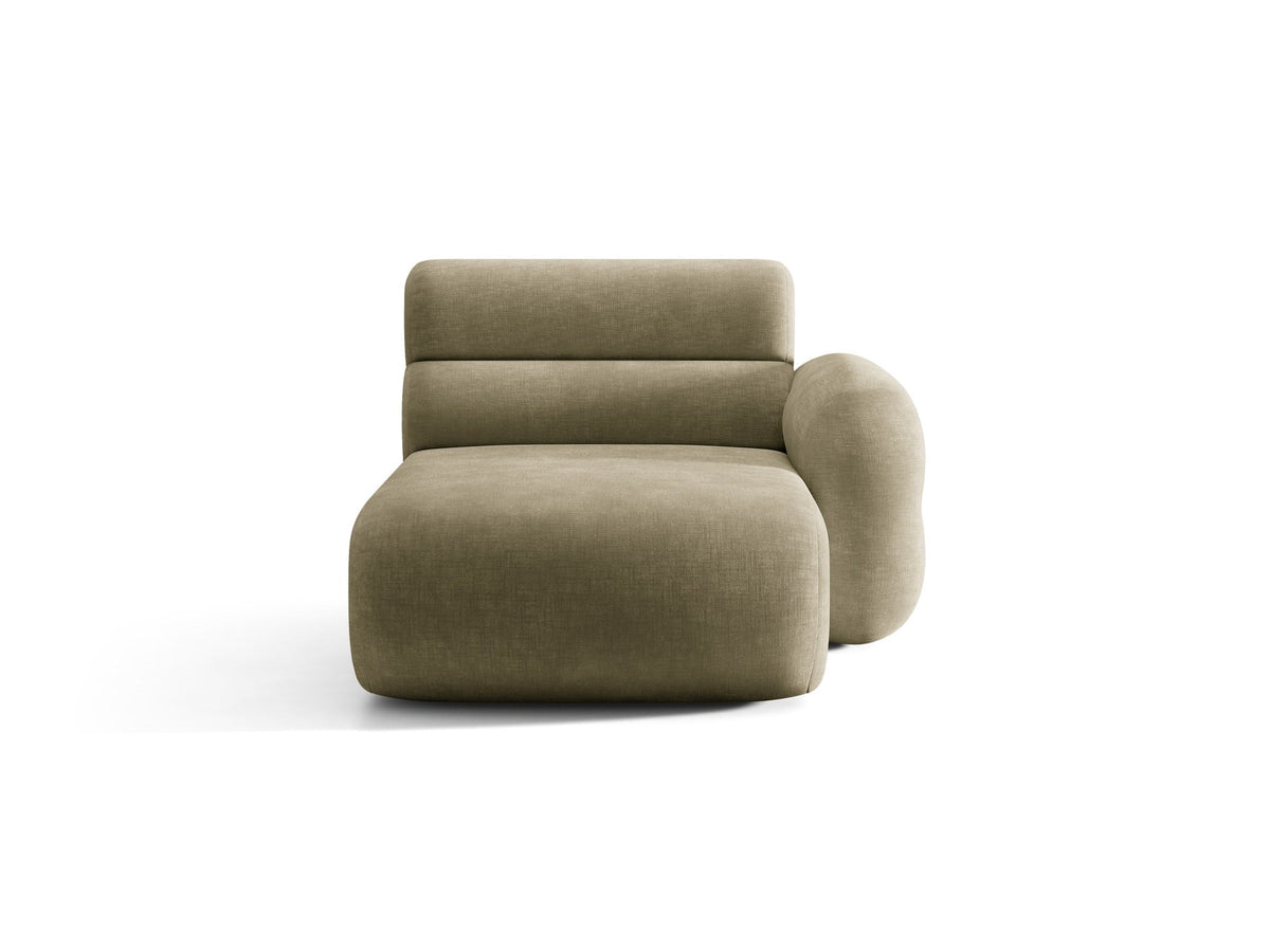 Modulares Sofa Neo Chaiselongue von Micadoni in dunklem Olivgrün mit strukturiertem Stoff und schwarzen Kunststoffbeinen, rechts ausgerichtet.
