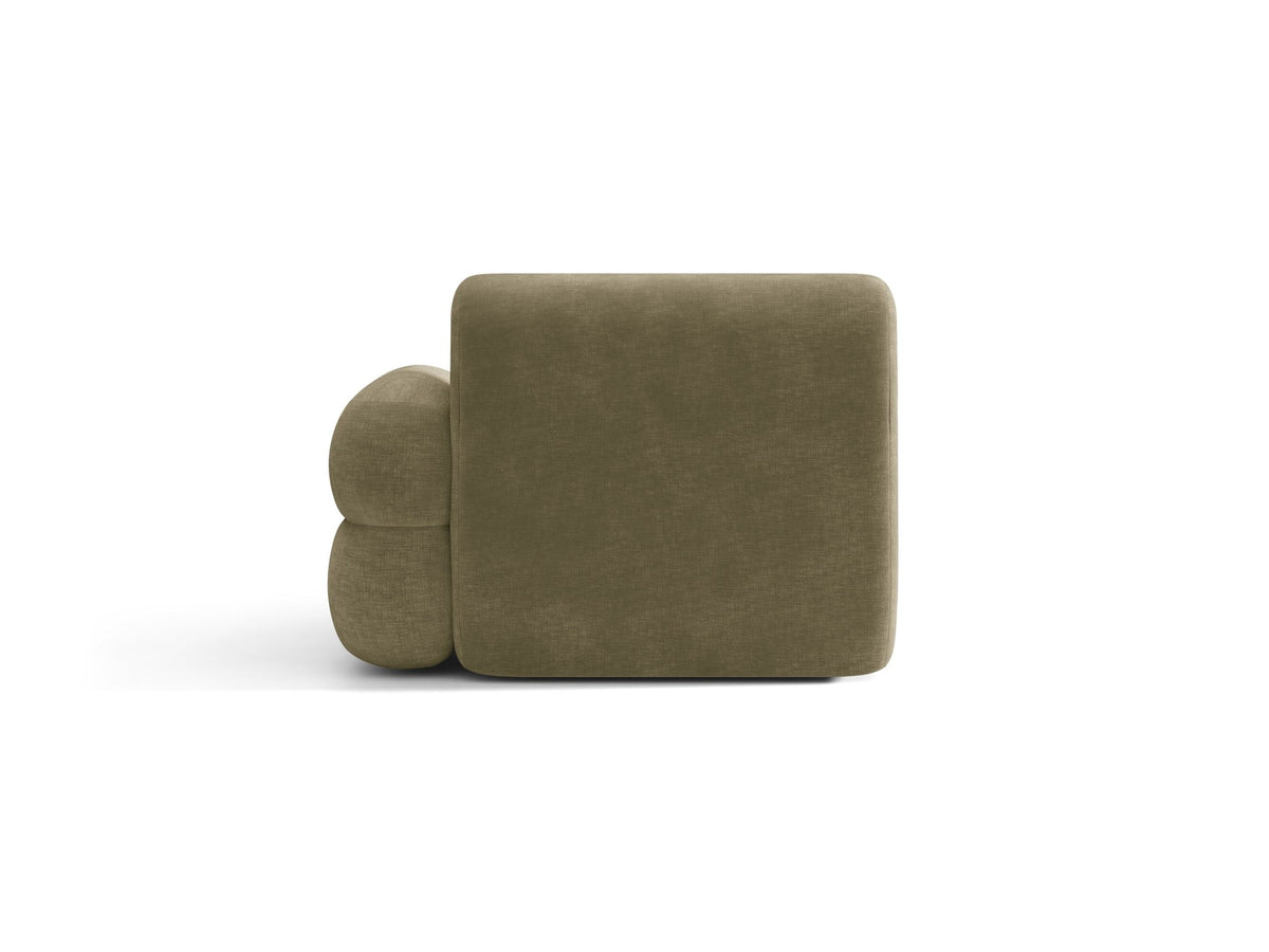 Modulares Sofa Neo Chaiselongue von Micadoni in dunklem Olivgrün mit strukturiertem Stoff und schwarzen Kunststoffbeinen, rechts ausgerichtet.