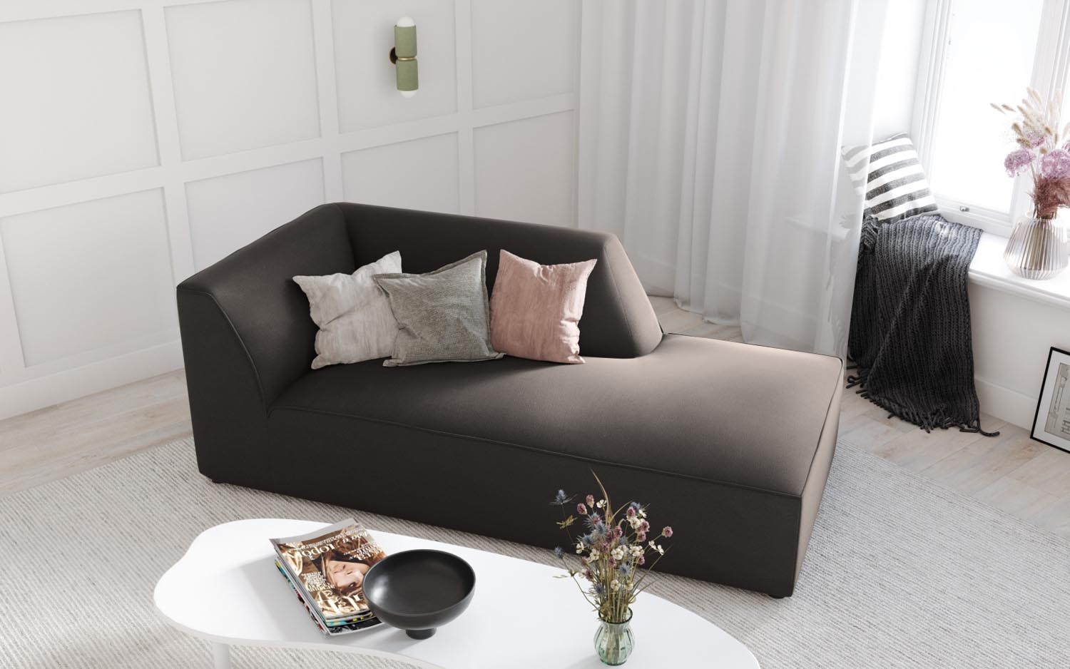 Elegantes Ruby Velour Sofa Chaise Lounge in Dunkelgrau, ideal für stilvolle Wohnräume, präsentiert sich als komfortable 1-Sitz-Lösung von Micadoni.