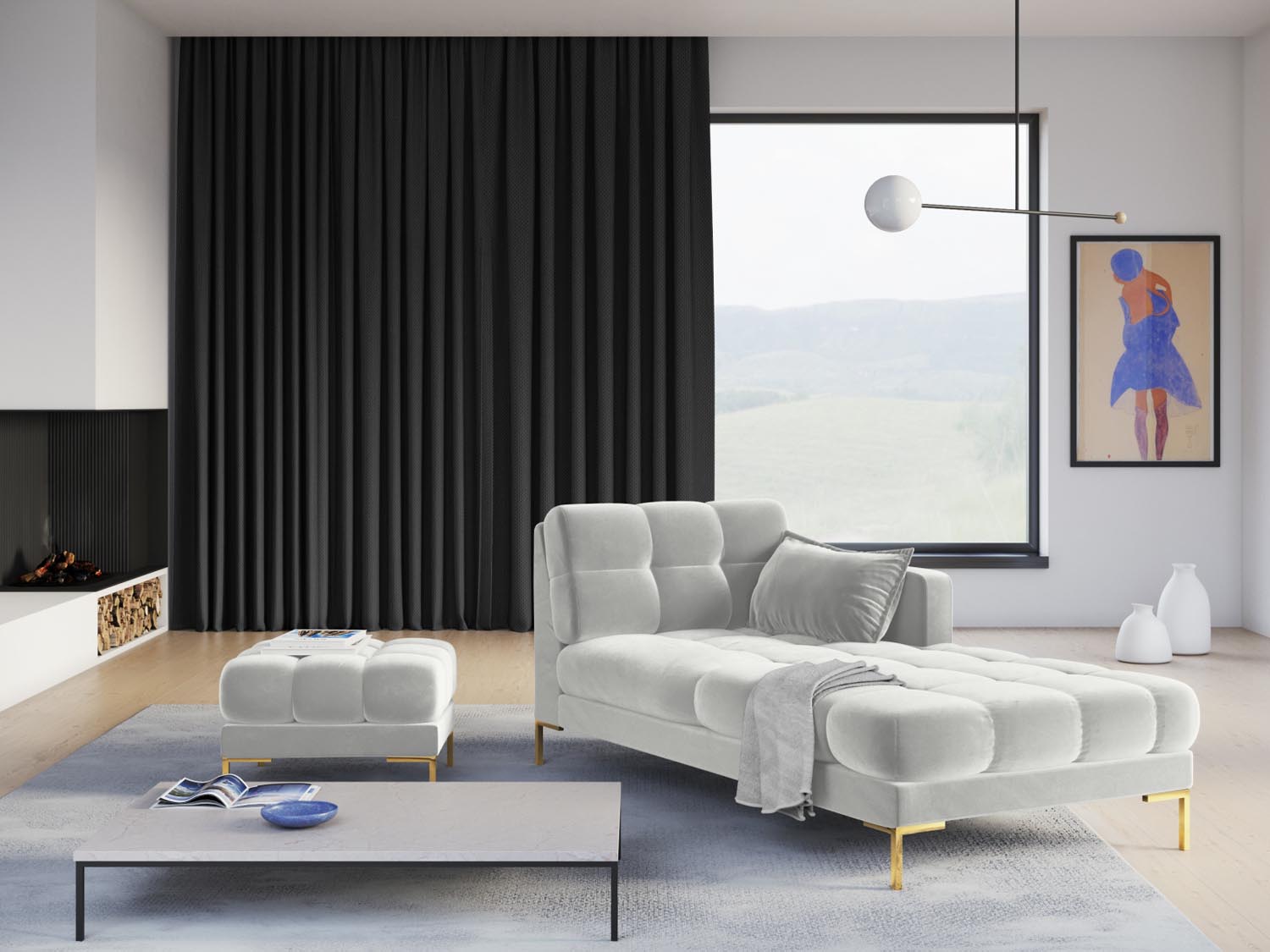 Mamaia Velour Sofa Chaise Lounge rechts 1 Sitz in Silver/Gold präsentiert im Onlineshop von KAQTU Design AG. L-Sofa rechts ist von Micadoni