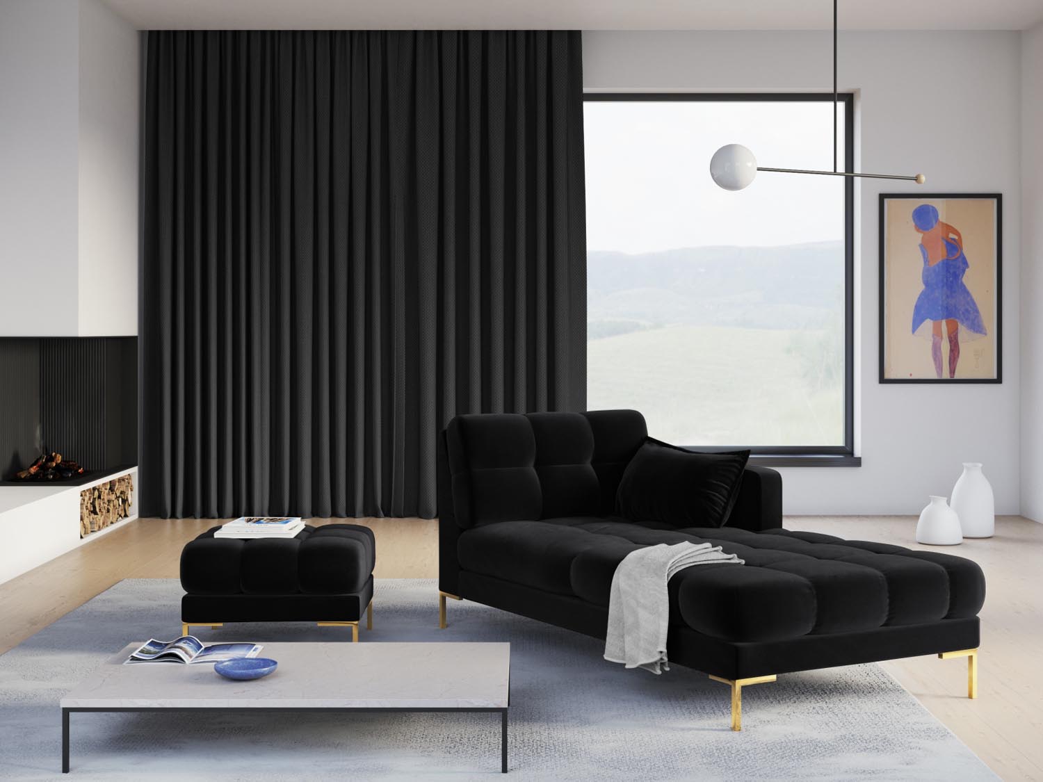 Mamaia Velour Sofa Chaise Lounge rechts 1 Sitz in Black/Gold präsentiert im Onlineshop von KAQTU Design AG. L-Sofa rechts ist von Micadoni