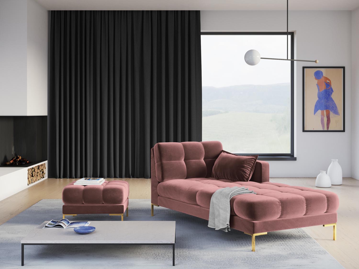 Mamaia Velour Sofa Chaise Lounge rechts 1 Sitz in Pink/Gold präsentiert im Onlineshop von KAQTU Design AG. L-Sofa rechts ist von Micadoni