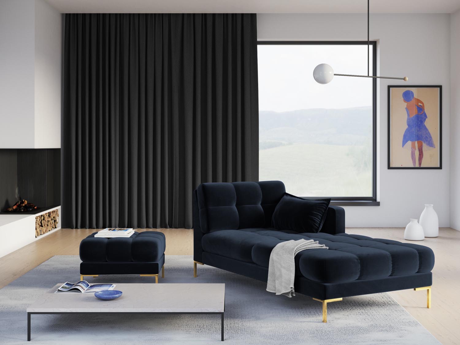 Mamaia Velour Sofa Chaise Lounge rechts 1 Sitz in Dark Blue/Gold präsentiert im Onlineshop von KAQTU Design AG. L-Sofa rechts ist von Micadoni