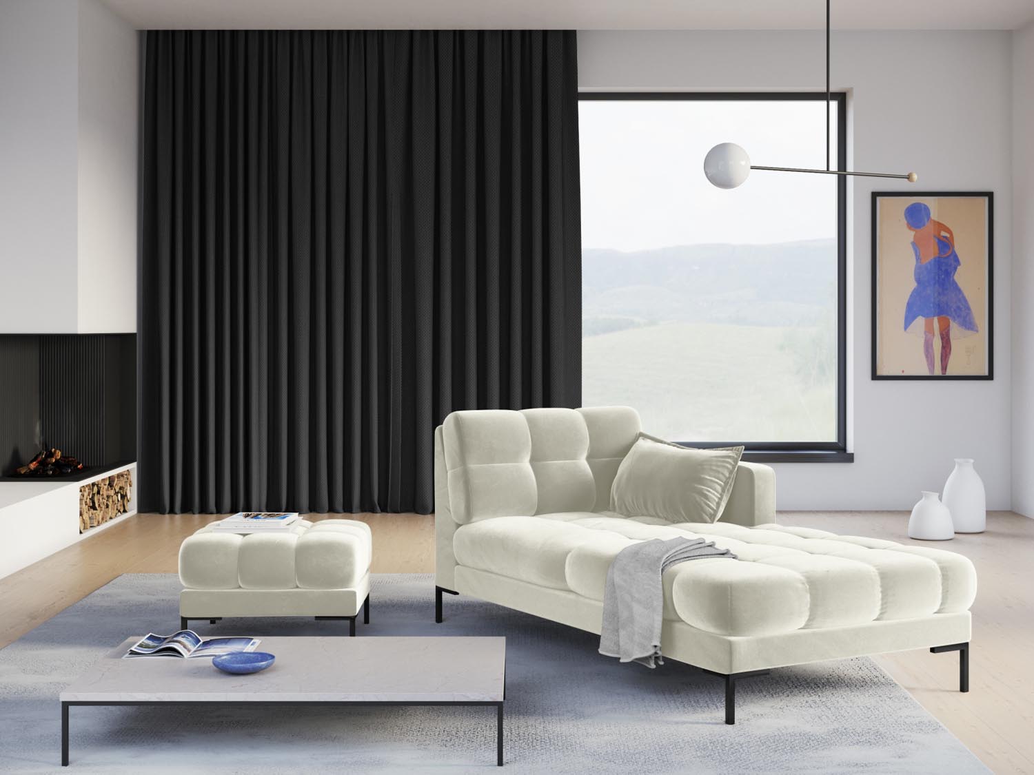 Mamaia Velour Sofa Chaise Lounge rechts 1 Sitz in Light Beige/Schwarz präsentiert im Onlineshop von KAQTU Design AG. L-Sofa rechts ist von Micadoni