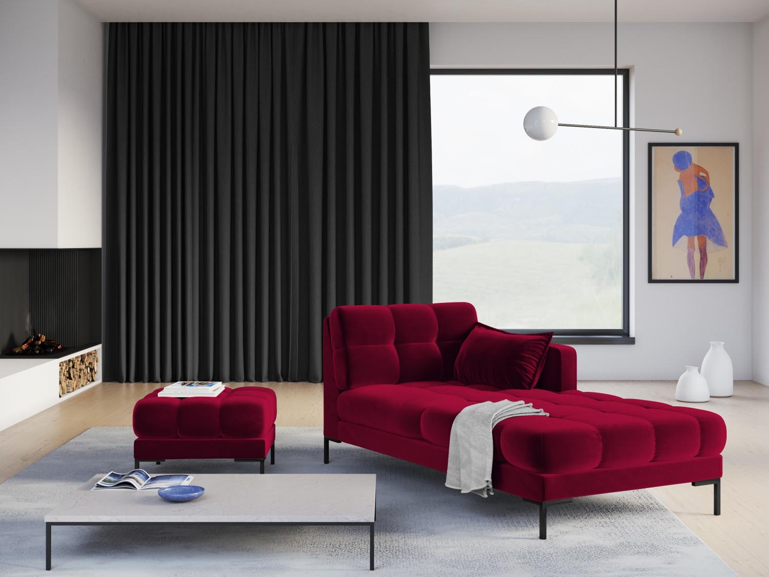 Mamaia Velour Sofa Chaise Lounge rechts 1 Sitz in Red/Schwarz präsentiert im Onlineshop von KAQTU Design AG. L-Sofa rechts ist von Micadoni