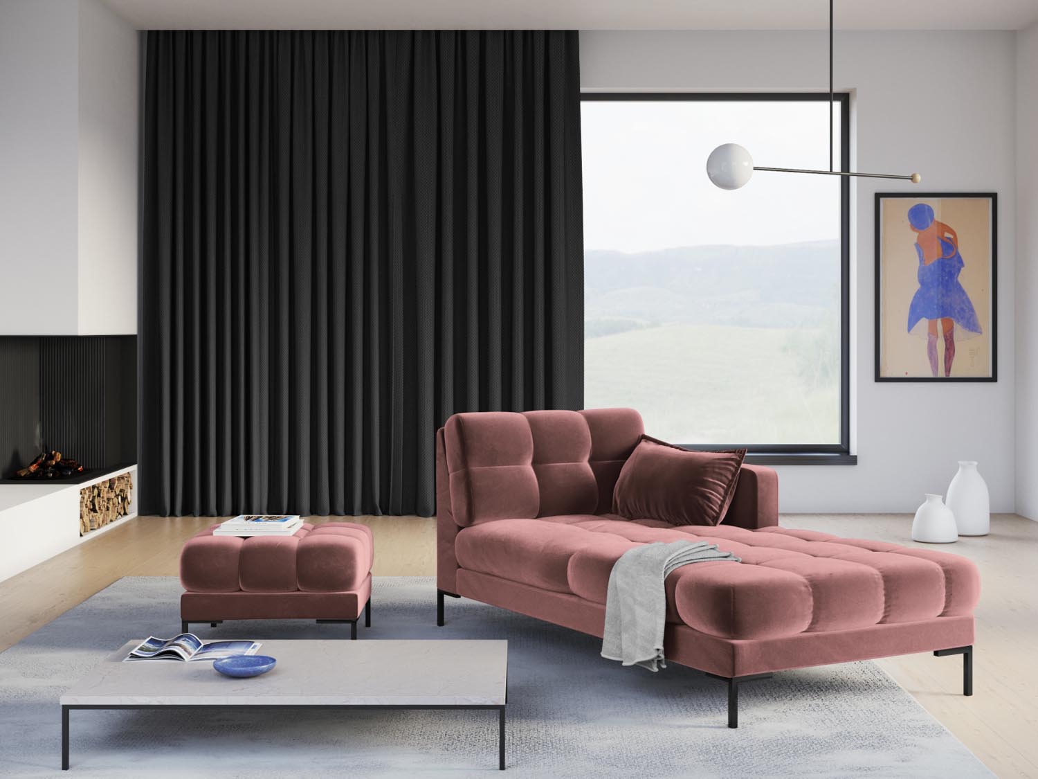 Mamaia Velour Sofa Chaise Lounge rechts 1 Sitz in Pink/Schwarz präsentiert im Onlineshop von KAQTU Design AG. L-Sofa rechts ist von Micadoni