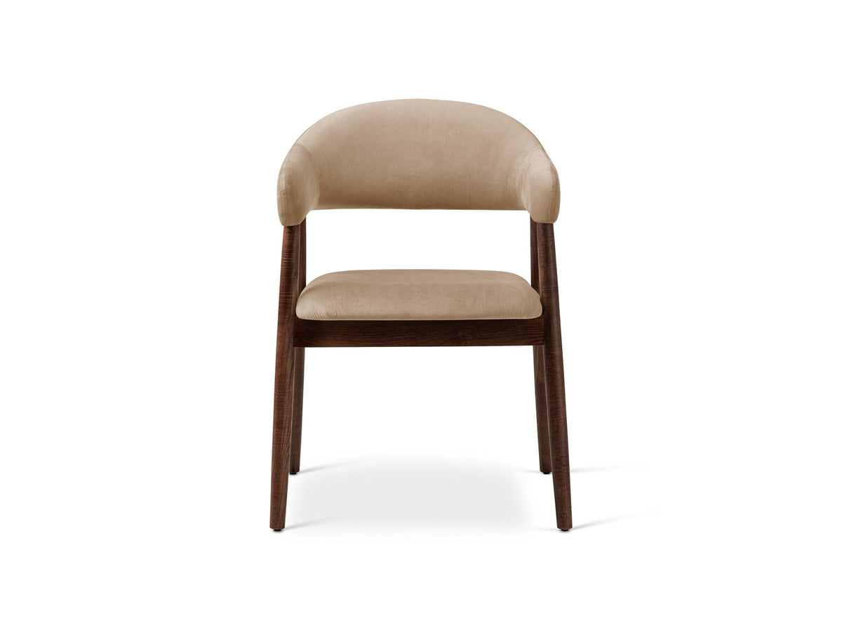 Foto vom Adra Samtstuhl in Mandel beige mit weichem Samtbezug, gepolsterter Sitzfläche und Beinen aus Nussbaum-Holz.