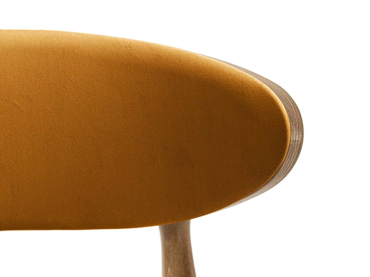 Foto des Rina Stuhls von Micadoni mit samtigem Bezug in Mandel Beige, gepolsterter Rückenlehne und Beinen aus amerikanischem Nussbaum.