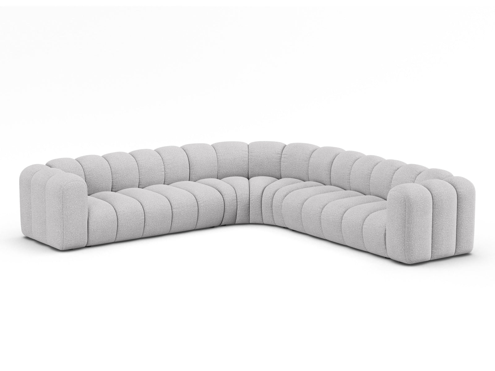 Elegantes, modulares Ecksofa für 6 Personen in hellem Grau, ideal für stilvolle Wohnräume und gemütliche Abende.