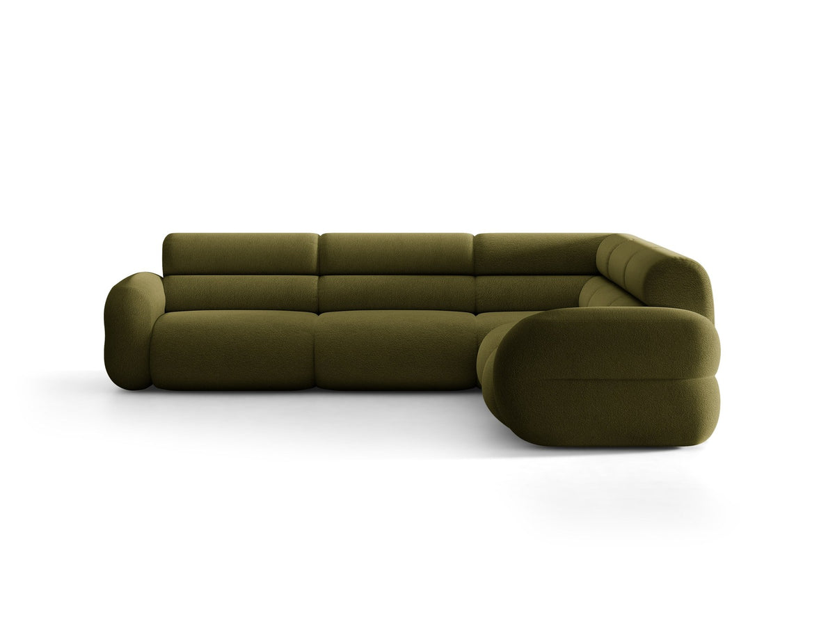Dunkelolivgrünes modulares Ecksofa Neo von Micadoni mit Bouclé-Stoff, tiefem Sitz und hoher Rückenlehne, symmetrische Eckform.