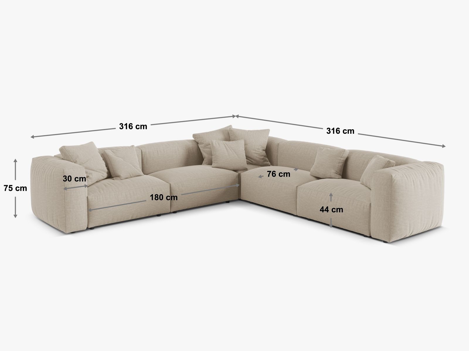 Elegantes, symmetrisches 5-Sitzer Ecksofa Martina in edlem Dunkelbeige, perfekt für moderne Wohnkonzepte und gemütliche Abende.