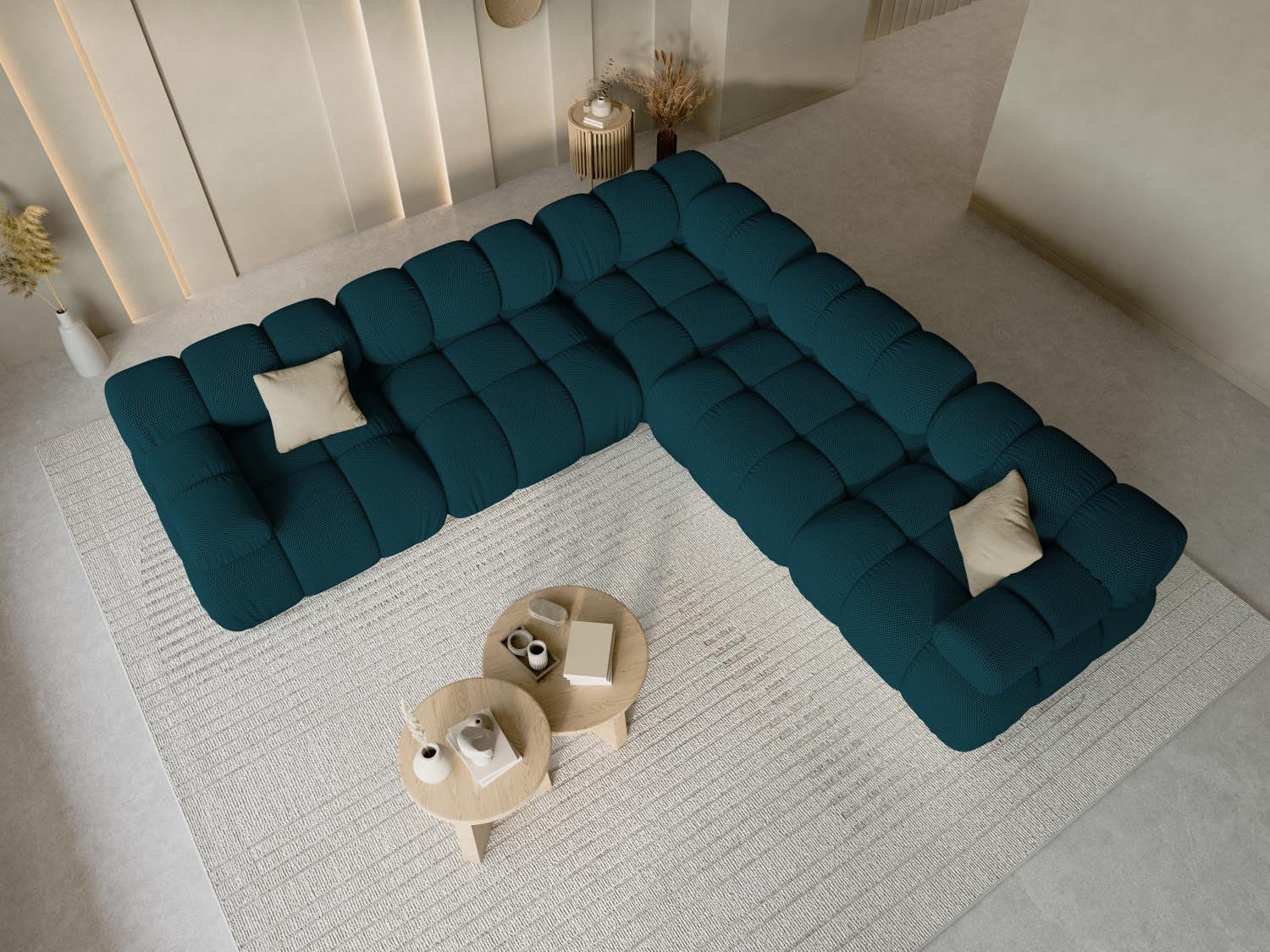 Elegantes Bellis Ecksofa in Navy Blue, 5-Sitzer mit symmetrischem Design, ideal für stilvolle Wohnräume.
