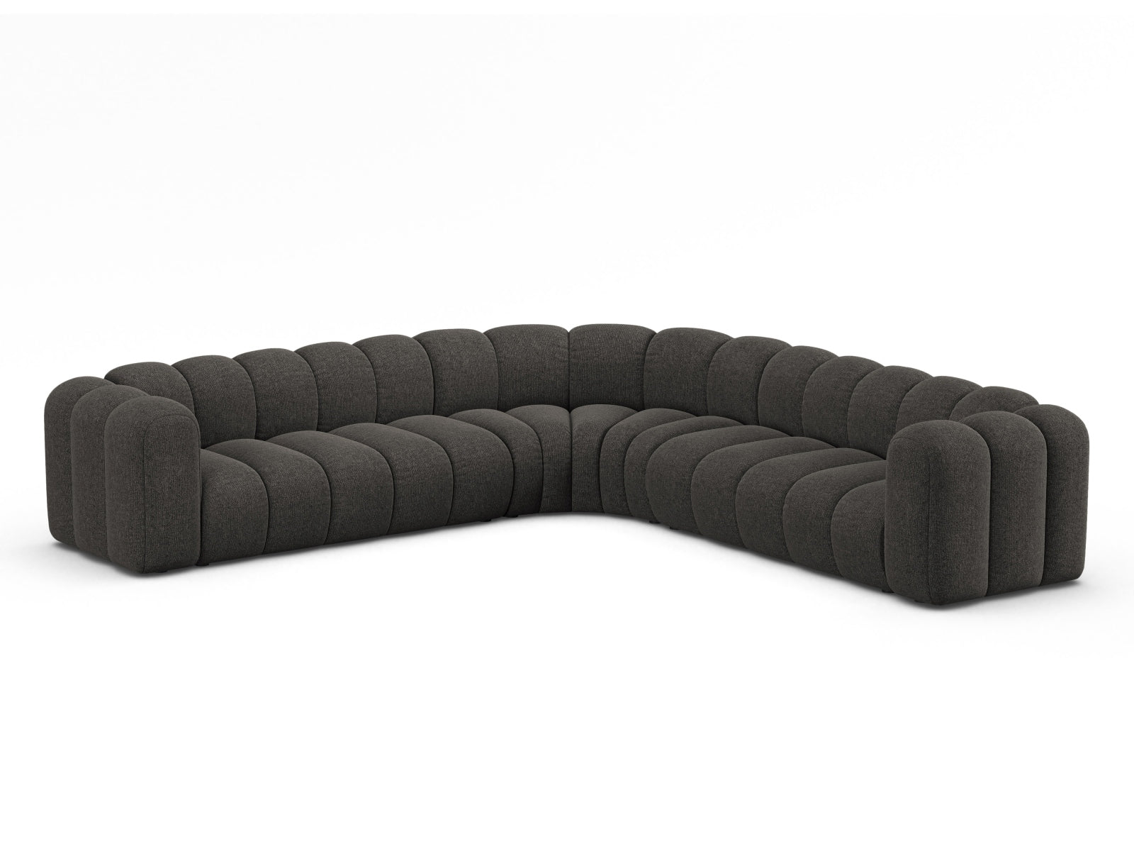 Elegantes, modulares Ecksofa in Dunkelgrau mit Platz für bis zu 6 Personen, ideal für stilvolle Wohnräume.