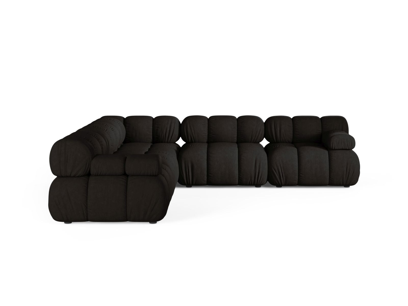 Elegantes 5-Sitzer Ecksofa Symmetric Bellis in stilvollem Schwarz, ideal für moderne Wohnräume und gemütliche Abende.