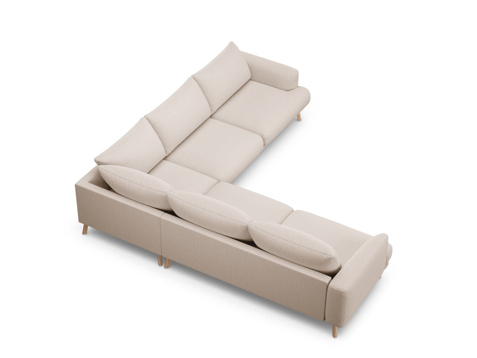 Modernes 5-Sitzer Ecksofa Symmetric Naomi in sanftem Beige, ideal für komfortable Entspannung und ansprechende Wohnraumgestaltung.