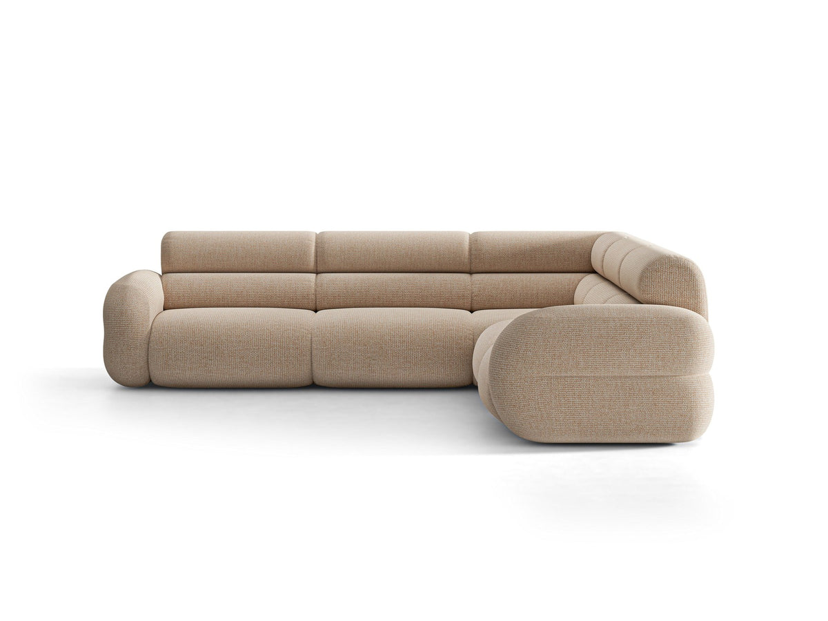 Dunkelolivgrünes modulares Ecksofa Neo von Micadoni mit Bouclé-Stoff, tiefem Sitz und hoher Rückenlehne, symmetrische Eckform.