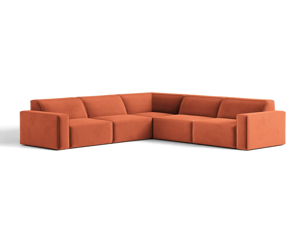 Symmetrisches modulares Ecksofa Jodie von Micadoni in leichtem Beige mit Venus-Samtstoff und schwarzen Kunststoffbeinen, Eckform.