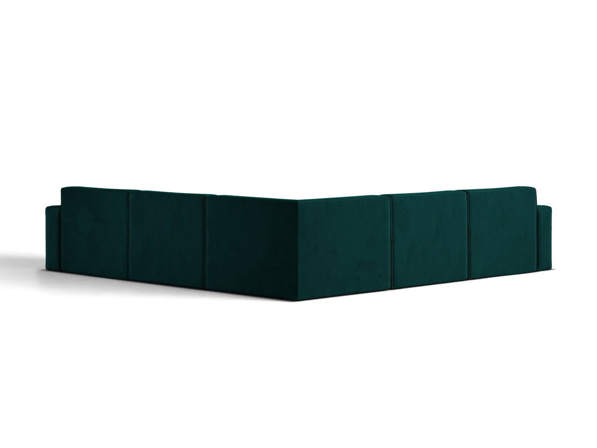 Symmetrisches modulares Ecksofa Jodie von Micadoni in leichtem Beige mit Venus-Samtstoff und schwarzen Kunststoffbeinen, Eckform.